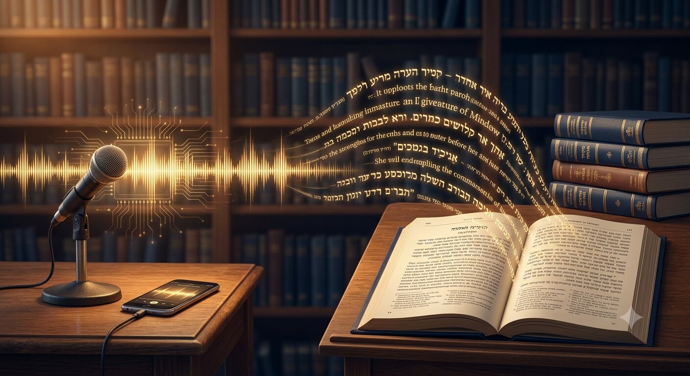 A microphone and phone recording in a seforim library, the audio transforming into a printed sefer on a shtender