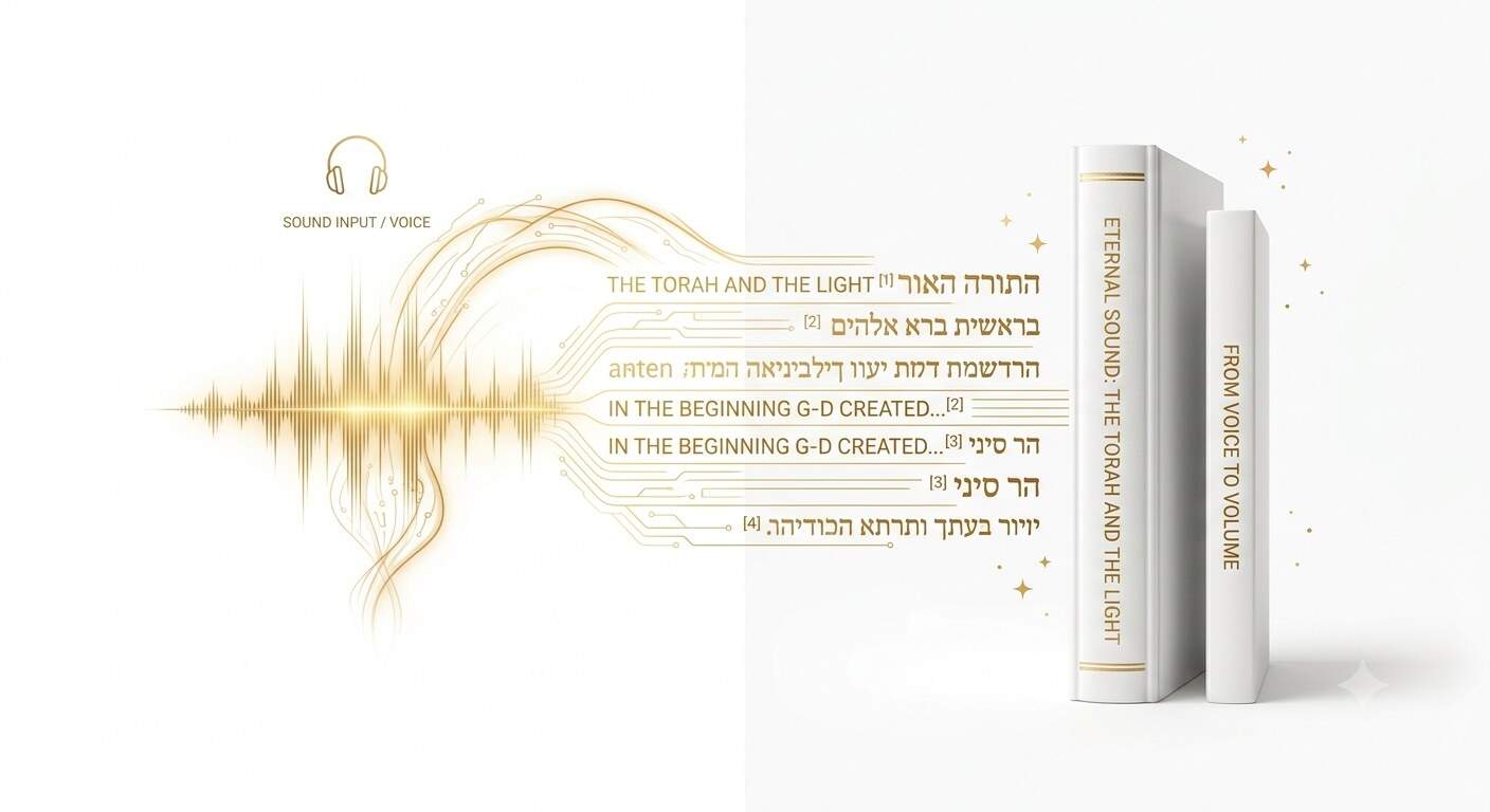 Gold soundwave transforming into typeset Hebrew and English text and two finished hardcover books